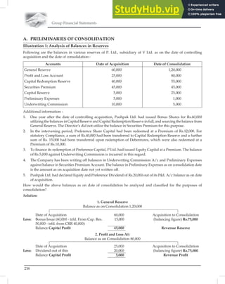 Group Financial Statements
238
A. PRELIMINARIES OF CONSOLIDATION
Illustration 1: Analysis of Balances in Reserves
Following are the balances in various reserves of P. Ltd., subsidiary of V Ltd. as on the date of controlling
acquisition and the date of consolidation -
Accounts Date of Acquisition Date of Consolidation
General Reserve 60,000 1,20,000
Proﬁt and Loss Account 25,000 80,000
Capital Redemption Reserve 40,000 55,000
Securities Premium 45,000 45,000
Capital Reserve 5,000 25,000
Preliminary Expenses 5,000 1,000
Underwriting Commission 10,000 5,000
Additional information -
1. One year after the date of controlling acquisition, Pushpak Ltd. had issued Bonus Shares for Rs.60,000
utilizing the balances in Capital Reserve and Capital Redemption Reserve in full, and sourcing the balance from
General Reserve. The Director’s did not utilize the balance in Securities Premium for this purpose.
2. In the intervening period, Preference Share Capital had been redeemed at a Premium of Rs.12,000. For
statutory Compliance, a sum of Rs.40,000 had been transferred to Capital Redemption Reserve and a further
sum of Rs. 15,000 had been transferred upon redemption of Debentures, which were also redeemed at a
Premium of Rs.10,000.
3. To ﬁnance its redemption of Preference Capital, P Ltd. had issued Equity Capital at a Premium. The balance
of Rs.5,000 against Underwriting Commission is incurred in this regard.
4. The Company has been writing off balances in Underwriting Commission A/c and Preliminary Expenses
against balance in Securities Premium Account. The balance in Preliminary Expenses as on consolidation date
is the amount as on acquisition date not yet written off.
5. Pushpak Ltd. had declared Equity and Preference Dividend of Rs.20,000 out of its PL A/c balance as on date
of acquisition.
How would the above balances as on date of consolidation be analyzed and classiﬁed for the purposes of
consolidation?
Solution:
1. General Reserve
Balance as on Consolidation 1,20,000
Date of Acquisition 60,000 Acquisition to Consolidation
Less: Bonus Issue (60,000 - trfd. From Cap. Res. 15,000 (balancing ﬁgure) Rs.75,000
50,000 - trfd. from CRR 40,000)
Balance Capital Proﬁt 45,000 Revenue Reserve
2. Proﬁt and Loss A/c
Balance as on Consolidation 80,000
Date of Acquisition 25,000 Acquisition to Consolidation
Less: Dividend out of this 20,000 (balancing ﬁgure) Rs.75,000
Balance Capital Proﬁt 5,000 Revenue Proﬁt
 