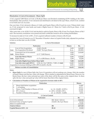 241
Advanced Financial Accounting  Reporting
Illustration 3: Cost of Investment - Share Split
A Ltd. acquired 5,000 Shares of S Ltd. at Rs.48 per Share cum-Dividend constituting 62.50% holding in the latter.
Immediately after purchase, S Ltd. declared and distributed a dividend at Rs.4 per Share, which S Ltd. credited
to its Proﬁt and Loss Account.
One year later, S Ltd. declared a Bonus of 1 fully paid Equity Share of Rs.10 each for every 5 Shares held. Later
on, S Ltd. proposed to raise funds and made a Rights Issue of 1 Share for 5 held at Rs.36 per Share. A Ltd.
exercised its right.
After some time, at its AGM, S Ltd. had decided to split its Equity Share of Rs.10 into Two Equity Shares of Rs.5
each. The necessary resolutions were passed and share certiﬁcates issued to all its existing shareholders.
To increase its stake in S Ltd. to 80%, A Ltd. acquired sufﬁcient number of shares at Rs.30 each.
Ascertain the Cost of Control as on 31st
December if Sreesha’s share in Capital Proﬁts (duly adjusted for purchase
in lots) as on that date was Rs.3,15,000.
Solution: 1. Cost of Investment
Particulars Shares Rs.
Cost of First Acquisition (5,000 x Rs.48)
Less: Pre-Acquisition Dividend (5,000 * Rs.4 per Share)
5,000
N.A.
2,40,000
(20,000)
Corrected Cost of Investment
Add: Bonus Shares (1/5 * 5,000 Shares)
5,000
1,000
2,20,000
–
Cost after Bonus Shares
Add: Rights Shares (1/5 x 6,000 Shares x Rs.36)
6,000
1,200
2,20,000
43,200
Cost after Rights Issue before Share Split 7,200 2,63,200
Cost after share split (WN 1) (2 Sh. for 1 for 7,200 Sh = 7,200 x 2) Add:
Acquisition to increase holding to 80% (WN 2) (4,032 x Rs.30)
14,400
4,032
2,63,200
1,20,960
Balance on date of Consolidation 18,432 3,84,160
Notes:
• Share Split: In case of Share Split, the Cost of Acquisition will not undergo any change. Only the number
of Equity Shares and the face value will change. This is similar to adjustment for Bonus Issue. However, for
Bonus Issue, the face value and paid up value of the share will be the same as the original share. In share
split, the face value and paid up value will be lesser than that of the original shares.
• Calculation of Number of Shares to be acquired to increase stake to 80%
Particulars Shares
a. Shares held before acquisition
b. % of holding
c. Hence, Total Number of Shares of S Ltd. (a + b)
d. 80% of above (c x 80%)
e. Number of Shares to be acquired (d - a)
(14,400 - 62.50%)
(23,040 x 80%)
(18,432 - 14,400)
14,400
62.5%
23,040
18,432
4,032
2. Cost of Control
Particulars Rs.
Cost of Investment
Nominal Value of Equity Capital
Share in Capital Proﬁt
(A) (from 1 above)
(18,432 x Rs.5 per Share)
3,84,160
92,160
3,15,000
Total of Above (B) 4,07,160
Capital Reserve (if B  A) (B-A) 23,000
 