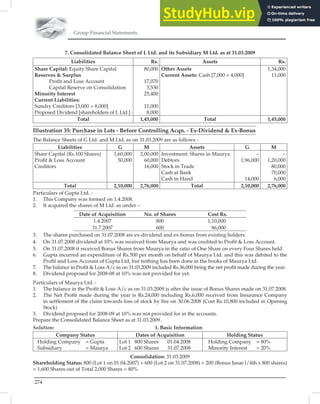 Group Financial Statements
274
7. Consolidated Balance Sheet of L Ltd. and its Subsidiary M Ltd. as at 31.03.2009
Liabilities Rs. Assets Rs.
Share Capital: Equity Share Capital
Reserves  Surplus
Proﬁt and Loss Account
Capital Reserve on Consolidation
Minority Interest
Current Liabilities:
Sundry Creditors [3,000 + 8,000]
Proposed Dividend [shareholders of L Ltd.]
80,000
17,070
3,530
25,400
11,000
8,000
Other Assets
Current Assets: Cash [7,000 + 4,000]
1,34,000
11,000
Total 1,45,000 Total 1,45,000
Illustration 35: Purchase in Lots - Before Controlling Acqn. - Ex-Dividend  Ex-Bonus
The Balance Sheets of G Ltd. and M Ltd. as on 31.03.2009 are as follows -
Liabilities G M Assets G M
Share Capital (Rs.100 Shares)
Proﬁt  Loss Account
Creditors
1,60,000
50,000
2,00,000
60,000
16,000
Investment: Shares in Maurya
Debtors
Stock in Trade
Cash at Bank
Cash in Hand
–
1,96,000
14,000
–
1,20,000
80,000
70,000
6,000
Total 2,10,000 2,76,000 Total 2,10,000 2,76,000
Particulars of Gupta Ltd. -
1. This Company was formed on 1.4.2008.
2. It acquired the shares of M Ltd. as under –
Date of Acquisition No. of Shares Cost Rs.
1.4.2007 800 1,10,000
31.7.2007 600 86,000
3. The shares purchased on 31.07.2008 are ex-dividend and ex-bonus from existing holders.
4. On 31.07.2008 dividend at 10% was received from Maurya and was credited to Proﬁt  Loss Account.
5. On 31.07.2008 it received Bonus Shares from Maurya in the ratio of One Share on every Four Shares held.
6. Gupta incurred an expenditure of Rs.500 per month on behalf of Maurya Ltd. and this was debited to the
Proﬁt and Loss Account of Gupta Ltd, but nothing has been done in the books of Maurya Ltd.
7. The balance in Proﬁt  Loss A/c as on 31.03.2009 included Rs.36,000 being the net proﬁt made during the year.
8. Dividend proposed for 2008-08 at 10% was not provided for yet.
Particulars of Maurya Ltd. -
1. The balance in the Proﬁt  Loss A/c as on 31.03.2009 is after the issue of Bonus Shares made on 31.07.2008.
2. The Net Proﬁt made during the year is Rs.24,000 including Rs.6,000 received from Insurance Company
in settlement of the claim towards loss of stock by ﬁre on 30.06.2008 (Cost Rs.10,800 included in Opening
Stock)
3. Dividend proposed for 2008-09 at 10% was not provided for in the accounts.
Prepare the Consolidated Balance Sheet as at 31.03.2009.
Solution: 1. Basic Information
Company Status Dates of Acquisition Holding Status
Holding Company = Gupta
Subsidiary = Maurya
Lot 1 800 Shares 01.04.2008
Lot 2 600 Shares 31.07.2008
Holding Company = 80%
Minority Interest = 20%
Consolidation: 31.03.2009
Shareholding Status: 800 (Lot 1 on 01.04.2007) + 600 (Lot 2 on 31.07.2008) + 200 (Bonus Issue l/4th x 800 shares)
= 1,600 Shares out of Total 2,000 Shares = 80%
 
