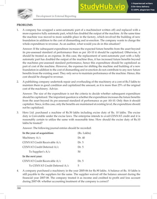 Development in External Reporting
388
PROBLEMS
1. A company has scrapped a semi-automatic part of a machine(not written off) and replaced with a
more expensive fully automatic part, which has doubled the output of the machine. At the same time
the machine was moved to more suitable place in the factory, which involved the building of new
foundation in addition to the cost of dismantling and re-erection. The company wants to charge the
whole expenditure to revenue. As an auditor, what would you do in this situation?
Answer: If the subsequent expenditure increases the expected future benefits from the asset beyond
its pre-assessed standard of performance then as per AS-10 it should be capitalized. Otherwise, it
should be treated as an expense. In this case, the replacement of semi-automatic part with a fully
automatic part has doubled the output of the machine thus, it has increased future benefits beyond
the machines pre-assessed standard performance, hence this expenditure should be capitalized as
part of cost of the machine. However, the expenses for shifting the machine and building of a new
foundation in addition to the cost of dismantling and re-erection do not contribute to any new future
benefits from the existing asset. They only serve to maintain performance of the machine. Hence, this
cost should be charged to revenue.
2. A publishing company undertook repair and overhauling of the machinery at a cost of Rs.5 lakhs to
maintain them in good condition and capitalized the amount, as it is more than 25% of the original
cost of the machinery. Advice.
Answer: The size of the expenditure is not the criteria to decide whether subsequent expenditure
should be capitalized. The important question is whether the expenditure increases the future benefits
from the asset beyond its pre-assessed standard of performance as per AS-10. Only then it should
capitalize. Since, in this case, only the benefits are maintained at existing level, the expenditure should
not be capitalized.
3. Hero Ltd. purchased a machine of Rs.50 lakhs including excise duty of Rs. 10 lakhs. The excise
duty is Cenvatable under the excise laws. The enterprise intends to avail CENVAT credit and it is
reasonably certain to utilize the same with reasonable time. How should the excise duty of Rs.10
lakhs be treated?
Answer: The following journal entries should be recorded:
In the year of acquisition: (Rs. Lakhs)
Machinery A/c Dr. 40
CENVAT Credit Receivable A/c Dr. 5
CENVAT Credit Deferred A/c Dr. 5
To Supplier’s A/c 50
In the next year:
CENVAT Credit Receivable A/c Dr. 5
To CENVAT Credit Deferred A/c 5
4. A company purchased a machinery in the year 2005-06 for Rs.90 lakhs. A balance of Rs. 10 lakhs is
still payable to the suppliers for the same. The supplier waived off the balance amount during the
financial year 2007-08. The company treated it as income and credited to profit and loss account
during 2007-08. whether accounting treatment of the company is correct?
 