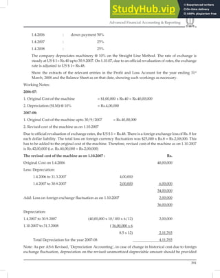 391
Advanced Financial Accounting  Reporting
1.4.2006 : down payment 50%
1.4.2007 : 25%
1.4.2008 : 25%
The company depreciates machinery @ 10% on the Straight Line Method. The rate of exchange is
steady at US $ 1= Rs.40 upto 30.9.2007. On 1.10.07, due to an official revaluation of rates, the exchange
rate is adjusted to US $ 1= Rs.48.
Show the extracts of the relevant entries in the Profit and Loss Account for the year ending 31st
March, 2008 and the Balance Sheet as on that date, showing such workings as necessary.
Working Notes:
2006-07:
1. Original Cost of the machine = $1,00,000 x Rs.40 = Rs.40,00,000
2. Depreciation (SLM) @ 10% = Rs.4,00,000
2007-08:
1. Original Cost of the machine upto 30/9/2007 = Rs.40,00,000
2. Revised cost of the machine as on 1.10.2007
Due to ofﬁcial revaluation of exchange rates, the US $ 1 = Rs.48. There is a foreign exchange loss of Rs. 8 for
each dollar liability. The total loss on foreign currency ﬂuctuation was $25,000 x Rs.8 = Rs.2,00,000. This
has to be added to the original cost of the machine. Therefore, revised cost of the machine as on 1.10.2007
is Rs.42,00,000 (i.e. Rs.40,00,000 + Rs.2,00,000)
The revised cost of the machine as on 1.10.2007 : Rs.
Original Cost on 1.4.2006 40,00,000
Less: Depreciation:
1.4.2006 to 31.3.2007 4,00,000
1.4.2007 to 30.9.2007 2,00,000 6,00,000
34,00,000
Add: Loss on foreign exchange ﬂuctuation as on 1.10.2007 2,00,000
36,00,000
Depreciation:
1.4.2007 to 30.9.2007 (40,00,000 x 10/100 x 6/12) 2,00,000
1.10.2007 to 31.3.2008 ( 36,00,000 x 6
8.5 x 12) 2,11,765
Total Depreciation for the year 2007-08 4,11,765
Note: As per AS-6 Revised, ‘Depreciation Accounting’, in case of change in historical cost due to foreign
exchange ﬂuctuation, depreciation on the revised unamortized depreciable amount should be provided
 