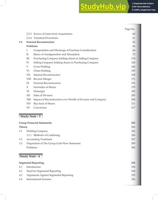 Page No.
2.2.3 60
2.2.4 Valuation Procedures 61
2.3 External Reconstruction 62
Problems 66
I. Computation and Discharge of Purchase Consideration 66
II. Basics of Amalgamation and Absorption 73
III. Purchasing Company holding shares in Selling Company 118
IV Selling Company holding shares in Purchasing Company 142
V Cross Holding 146
VI Chain Holding 155
VII Internal Reconstruction 158
VIII Reverse Merger 171
IX External Reconstruction 176
X Surrender of Shares 179
XI Demerger 182
XII Sales of Division 205
XIII Impact of Reconstruction over Wealth of Investor and Company 208
XIV Buy back of Shares 211
XV Conversion 217
Study Note - 3
Group Financial Statements 225
Theory 226
3.1 Holding Company 226
3.1.1 Methods of Combining 226
3.2 Accounting Treatment 227
3.3 Preparation of The Group Cash Flow Statement: 299
Problems 304
Study Note - 4
Segmental Reporting 333
4.1 Introduction 334
4.2 Need for Segmental Reporting 334
4.3 Arguments Against Segmental Reporting 335
4.4 International Scenario 336
Source of Gains from Acquisitions
 