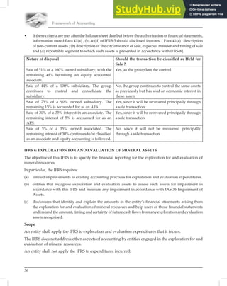 36
Framework of Accounting
• If these criteria are met after the balance sheet date but before the authorization of financial statements,
information stated Para 41(a) , (b) & (d) of IFRS-5 should disclosed in notes. [ Para 41(a) : description
of non-current assets ; (b) description of the circumstance of sale, expected manner and timing of sale
and (d) reportable segment to which such assets is presented in accordance with IFRS-8].
Nature of disposal Should the transaction be classiﬁed as Held for
Sale ?
Sale of 51% of a 100% owned subsidiary, with the
remaining 49% becoming an equity accounted
associate.
Yes, as the group lost the control
Sale of 44% of a 100% subsidiary. The group
continues to control and consolidate the
subsidiary.
No, the group continues to control the same assets
as previously but has sold an economic interest in
those assets
Sale of 75% of a 90% owned subsidiary. The
remaining 15% is accounted for as an AFS.
Yes, since it will be recovered principally through
a sale transaction
Sale of 30% of a 35% interest in an associate. The
remaining interest of 5% is accounted for as an
AFS.
Yes, since it will be recovered principally through
a sale transaction
Sale of 5% of a 35% owned associated. The
remaining interest of 30% continues to be classiﬁed
as an associate and equity accounting is followed.
No, since it will not be recovered principally
through a sale transaction
IFRS 6: EXPLORATION FOR AND EVALUATION OF MINERAL ASSETS
The objective of this IFRS is to specify the ﬁnancial reporting for the exploration for and evaluation of
mineral resources.
In particular, the IFRS requires:
(a) limited improvements to existing accounting practices for exploration and evaluation expenditures.
(b) entities that recognise exploration and evaluation assets to assess such assets for impairment in
accordance with this IFRS and measure any impairment in accordance with IAS 36 Impairment of
Assets.
(c) disclosures that identify and explain the amounts in the entity’s financial statements arising from
the exploration for and evaluation of mineral resources and help users of those financial statements
understand the amount, timing and certainty of future cash flows from any exploration and evaluation
assets recognised.
Scope
An entity shall apply the IFRS to exploration and evaluation expenditures that it incurs.
The IFRS does not address other aspects of accounting by entities engaged in the exploration for and
evaluation of mineral resources.
An entity shall not apply the IFRS to expenditures incurred:
 