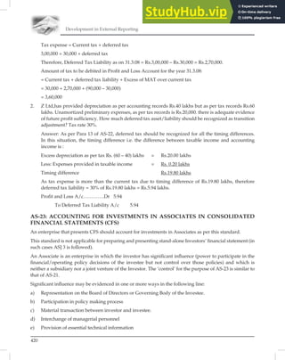 Development in External Reporting
420
Tax expense = Current tax + deferred tax
3,00,000 = 30,000 + deferred tax
Therefore, Deferred Tax Liability as on 31.3.08 = Rs.3,00,000 – Rs.30,000 = Rs.2,70,000.
Amount of tax to be debited in Profit and Loss Account for the year 31.3.08:
= Current tax + deferred tax liability + Excess of MAT over current tax
= 30,000 + 2,70,000 + (90,000 – 30,000)
= 3,60,000
2. Z Ltd,has provided depreciation as per accounting records Rs.40 lakhs but as per tax records Rs.60
lakhs. Unamortized preliminary expenses, as per tax records is Rs.20,000. there is adequate evidence
of future profit sufficiency. How much deferred tax asset/liability should be recognized as transition
adjustment? Tax rate 30%.
Answer: As per Para 13 of AS-22, deferred tax should be recognized for all the timing differences.
In this situation, the timing difference i.e. the difference between taxable income and accounting
income is :
Excess depreciation as per tax Rs. (60 – 40) lakhs = Rs.20.00 lakhs
Less: Expenses provided in taxable income = Rs. 0.20 lakhs
Timing difference Rs.19.80 lakhs
As tax expense is more than the current tax due to timing difference of Rs.19.80 lakhs, therefore
deferred tax liability = 30% of Rs.19.80 lakhs = Rs.5.94 lakhs.
Profit and Loss A/c………….Dr 5.94
To Deferred Tax Liability A/c 5.94
AS-23: ACCOUNTING FOR INVESTMENTS IN ASSOCIATES IN CONSOLIDATED
FINANCIAL STATEMENTS (CFS)
An enterprise that presents CFS should account for investments in Associates as per this standard.
This standard is not applicable for preparing and presenting stand-alone Investors’ ﬁnancial statement (in
such cases AS] 3 is followed).
An Associate is an enterprise in which the investor has signiﬁcant inﬂuence (power to participate in the
ﬁnancial/operating policy decisions of the investee but not control over those policies) and which is
neither a subsidiary nor a joint venture of the Investor. The ‘control’ for the purpose of AS-23 is similar to
that of AS-21.
Signiﬁcant inﬂuence may be evidenced in one or more ways in the following line:
a) Representation on the Board of Directors or Governing Body of the Investee.
b) Participation in policy making process
c) Material transaction between investor and investee.
d) Interchange of managerial personnel
e) Provision of essential technical information
 