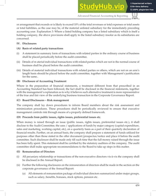 459
Advanced Financial Accounting  Reporting
or arrangement that exceeds or is likely to exceed 10% of the total revenues or total expenses or total assets
or total liabilities, as the case may be, of the material unlisted subsidiary for the immediately preceding
accounting year. Explanation 3: Where a listed holding company has a listed subsidiary which is itself a
holding company, the above provisions shall apply to the listed subsidiary insofar as its subsidiaries are
concerned.
IV. Disclosures
(A) Basis of related party transactions
(i) A statement in summary form of transactions with related parties in the ordinary course of business
shall be placed periodically before the audit committee.
(ii) Details of m aterial individual transactions with related parties which are not in the normal course of
business shall be placed before the audit committee.
(iii) Details of material individual transactions with related parties or others, which are not on an arm’s
length basis should be placed before the audit committee, together with Management’s justification
for the same..
(B) Disclosure of Accounting Treatment
Where in the preparation of ﬁnancial statements, a treatment different from that prescribed in an
Accounting Standard has been followed, the fact shall be disclosed in the ﬁnancial statements, together
with the management’s explanation as to why it believes such alternative treatment is more representative
of the true and fair view of the underlying business transaction in the Corporate Governance Report.
(C) Board Disclosures – Risk management
The company shall lay down procedures to inform Board members about the risk assessment and
minimization procedures. These procedures shall be periodically reviewed to ensure that executive
management controls risk through means of a properly deﬁned framework.
(D) Proceeds from public issues, rights issues, preferential issues etc.
When money is raised through an issue (public issues, rights issues, preferential issues etc.), it shall
disclose to the Audit Committee, the uses / applications of funds by major category (capital expenditure,
sales and marketing, working capital, etc), on a quarterly basis as a part of their quarterly declaration of
ﬁnancial results. Further, on an annual basis, the company shall prepare a statement of funds utilized for
purposes other than those stated in the offer document/prospectus/notice and place it before the audit
committee. Such disclosure shall be made only till such time that the full money raised through the issue
has been fully spent. This statement shall be certiﬁed by the statutory auditors of the company. The audit
committee shall make appropriate recommendations to the Board to take up steps in this matter.
(E) Remuneration of Directors
(i) All pecuniary relationship or transactions of the non-executive directors vis-à-vis the company shall
be disclosed in the Annual Report.
(ii) Further the following disclosures on the remuneration of directors shall be made in the section on the
corporate governance of the Annual Report:
(a) All elements of remuneration package of individual directors summarized under major groups,
such as salary, benefits, bonuses, stock options, pension etc.
 