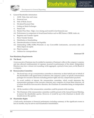 Development in External Reporting
466
9. General Shareholder information:
i. AGM : Date, time and venue
ii. Financial year
iii. Date of Book closure
iv. Dividend Payment Date
v. Listing on Stock Exchanges
vi. Stock Code
vii. Market Price Data : High., Low during each month in last financial year
viii. Performance in comparison to broad-based indices such as BSE Sensex, CRISIL index etc.
ix. Registrar and Transfer Agents
x. Share Transfer System
xi. Distribution of shareholding
xii. Dematerialization of shares and liquidity
xiii. Outstanding GDRs/ADRs/Warrants or any Convertible instruments, conversion date and
likely impact on equity
xiv. Plant Locations
xv. Address for correspondence
Annexure I D
Non-Mandatory Requirements
(1) The Board
A non-executive Chairman may be entitled to maintain a Chairman’s office at the company’s expense
and also allowed reimbursement of expenses incurred in performance of his duties. Independent
Directors may have a tenure not exceeding, in the aggregate, a period of nine years, on the Board of
a company.
(2) Remuneration Committee
i. The board may set up a remuneration committee to determine on their behalf and on behalf of
the shareholders with agreed terms of reference, the company’s policy on specific remuneration
packages for executive directors including pension rights and any compensation payment.
ii. To avoid conflicts of interest, the remuneration committee, which would determine the
remuneration packages of the executive directors may comprise of at least three directors, all
of whom should be non-executive directors, the Chairman of committee being an independent
director.
iii. All the members of the remuneration committee could be present at the meeting.
iv. The Chairman of the remuneration committee could be present at the Annual General Meeting,
to answer the shareholder queries. However, it would be up to the Chairman to decide who
should answer the queries.
(3) Shareholder Rights
A half-yearly declaration of financial performance including summary of the significant events in
last six-months, may be sent to each household of shareholders.
 