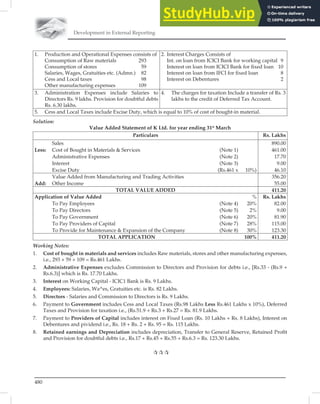 Development in External Reporting
480
1. Production and Operational Expenses consists of
Consumption of Raw materials 293
Consumption of stores 59
Salaries, Wages, Gratuities etc. (Admn.) 82
Cess and Local taxes 98
Other manufacturing expenses 109
2. Interest Charges Consists of
Int. on loan from ICICI Bank for working capital 9
Interest on loan from ICICI Bank for ﬁxed loan 10
Interest on loan from IFCI for ﬁxed loan 8
Interest on Debentures 2
3. Administration Expenses include Salaries to
Directors Rs. 9 lakhs. Provision for doubtful debts
Rs. 6.30 lakhs.
4. The charges for taxation Include a transfer of Rs. 3
lakhs to the credit of Deferred Tax Account.
5. Cess and Local Taxes include Excise Duty, which is equal to 10% of cost of bought-in material.
Solution:
Value Added Statement of K Ltd. for year ending 31st
March
Particulars Rs. Lakhs
Sales 890.00
Less: Cost of Bought in Materials  Services (Note 1) 461.00
Administrative Expenses (Note 2) 17.70
Interest (Note 3) 9.00
Excise Duty (Rs.461 x 10%) 46.10
Value Added from Manufacturing and Trading Activities 356.20
Add: Other Income 55.00
TOTAL VALUE ADDED 411.20
Application of Value Added % Rs. Lakhs
To Pay Employees (Note 4) 20% 82.00
To Pay Directors (Note 5) 2% 9.00
To Pay Government (Note 6) 20% 81.90
To Pay Providers of Capital (Note 7) 28% 115.00
To Provide for Maintenance  Expansion of the Company (Note 8) 30% 123.30
TOTAL APPLICATION 100% 411.20
Working Notes:
1. Cost of bought in materials and services includes Raw materials, stores and other manufacturing expenses,
i.e., 293 + 59 + 109 = Rs.461 Lakhs.
2. Administrative Expenses excludes Commission to Directors and Provision for debts i.e., [Rs.33 - (Rs.9 +
Rs.6.3)] which is Rs. 17.70 Lakhs.
3. Interest on Working Capital - ICIC1 Bank is Rs. 9 Lakhs.
4. Employees: Salaries, Wa^es, Gratuities etc. is Rs. 82 Lakhs.
5. Directors - Salaries and Commission to Directors is Rs. 9 Lakhs.
6. Payment to Government includes Cess and Local Taxes (Rs.98 Lakhs Less Rs.461 Lakhs x 10%), Deferred
Taxes and Provision for taxation i.e., (Rs.51.9 + Rs.3 + Rs.27 = Rs. 81.9 Lakhs.
7. Payment to Providers of Capital includes interest on Fixed Loan (Rs. 10 Lakhs + Rs. 8 Lakhs), Interest on
Debentures and pividend i.e., Rs. 18 + Rs. 2 + Rs. 95 = Rs. 115 Lakhs.
8. Retained earnings and Depreciation includes depreciation, Transfer to General Reserve, Retained Proﬁt
and Provision for doubtful debts i.e., Rs.17 + Rs.45 + Rs.55 + Rs.6.3 = Rs. 123.30 Lakhs.

 
