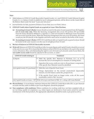 495
Advanced Financial Accounting  Reporting
Note :
• Debit balance in CENVAT Credit Receivable (Capital Goods) A/c and CENVAT Credit Deferred (Capital
Goods) A/c i.e. balance Credit Available for use in subsequent periods, will be shown on the Assets Side of
the Balance Sheet under the head “Loans and Advances”.
• Journal Entries for Sale, payment of balance Excise Duty are as in Point 2 above.
5. CENVAT Credit where Capital Goods are acquired on Lease / Hire Purchase:
(a) Accounting in Lessor’s Books: Lessor should account for the price of asset acquired from the Supplier,
net of excise duty only. When the ﬁnancing arrangement also covers ED portion, ED recoverable
from the lessee should be debited to a separate a/c (and not included in Minimum Lease Payments)
and recovered from the lessee. When the ﬁnancing arrangement does not cover ED portion, the lessee
would pay the ED directly to the Supplier and hence need not be recorded in the books of the Lessor.
(b) Accounting in Lessee’s Books: CENVAT Credit Receivable on Capital Goods acquired on lease should
be treated in the same manner as in the case of outright purchase of asset.
6. Review of balances in CENVAT Receivable Accounts:
(a) Write-off: Balances in CENVAT Credit Receivable Accounts (Inputs and Capital Goods), should be reviewed
at the end of every year. If it is found that the balances of the CENVAT are not likely to be used in the normal
course of business, then, notwithstanding the right to carry forward such amounts under Excise Rules, the
non-usable excess credit should be adjusted in the accounts, as under -
CENVAT Credit relating to Treatment
(i) Inputs • Debit the speciﬁc Raw Material or Purchase A/c, so as to
increase the cost of consumption,  valuation of closing stocks.
• Apportion the excess credit pro-rata to all purchases/components,
if the speciﬁc Raw Material cannot be identiﬁed.
(ii) Capital Goods/FA purchased • Debit the cost of Speciﬁc Fixed Asset.
• Charge depreciation on the revised unamortized depreciable
amount, over the balance useful life, prospectively.
• If the speciﬁc Fixed Asset no longer exists, write off the excess
unutilisable credit to PL Account.
(iii) Capital Goods on Lease / HP Write off on pro-rata basis to PL A/c, along with Lease Rentals.
(b) Reconciliation: A reconciliation statement between the CENVAT Credit Receivable (Dr.) as per ﬁnancial
accounts and the credit available as per Excise Registers, should be prepared.
(c) Non compliance with conditions: Where conditions for availing credit have not been complied with, or
are not being capable of compliance, e.g. where inputs are destroyed or ﬁxed assets cannot be used for
manufacture of the ﬁnal products, the appropriate adjustments should be made as per point (a) above.
 