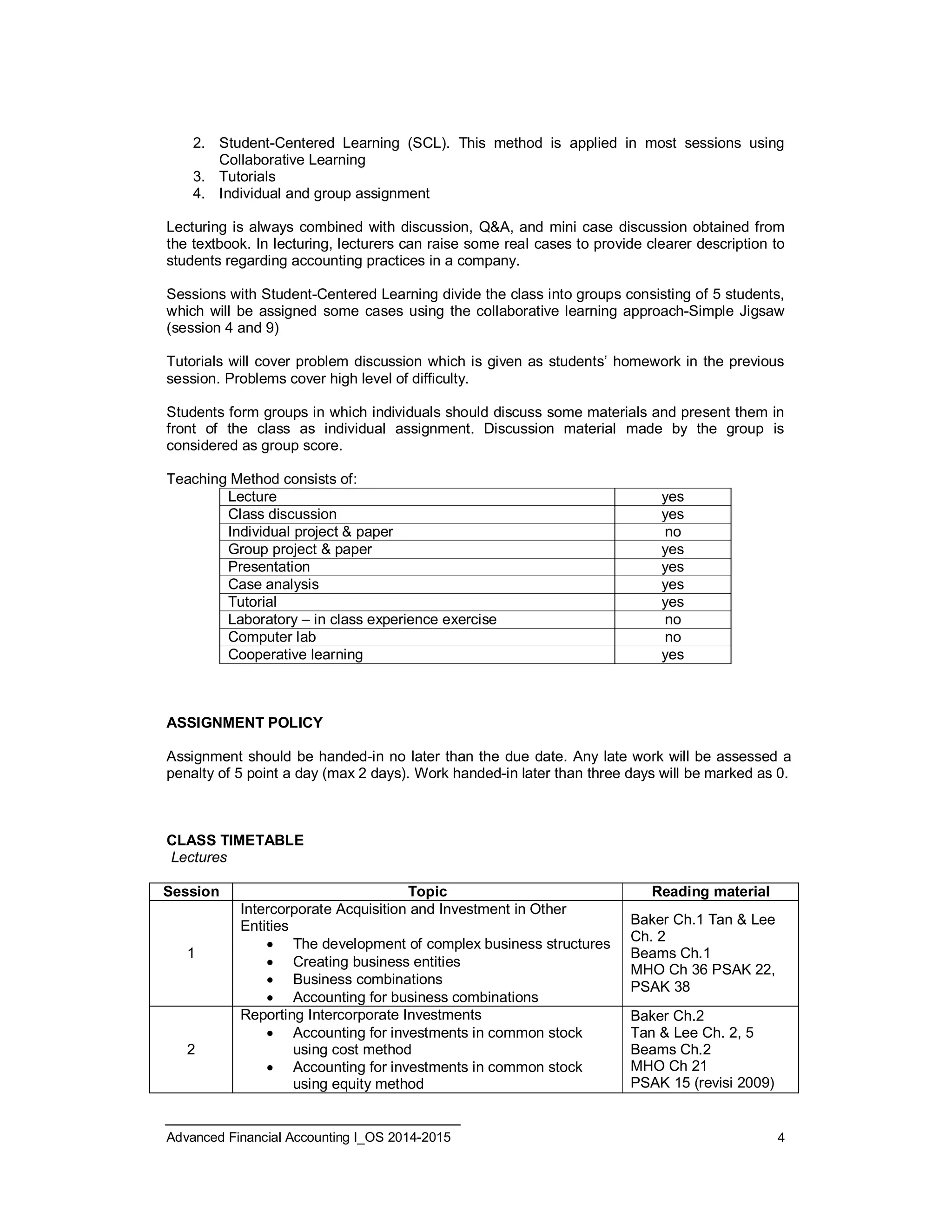 2. Student-Centered Learning (SCL). This method is applied in most sessions using 
Collaborative Learning 
3. Tutorials 
4. Individual and group assignment 
Lecturing is always combined with discussion, Q&A, and mini case discussion obtained from 
the textbook. In lecturing, lecturers can raise some real cases to provide clearer description to 
students regarding accounting practices in a company. 
Sessions with Student-Centered Learning divide the class into groups consisting of 5 students, 
which will be assigned some cases using the collaborative learning approach-Simple Jigsaw 
(session 4 and 9) 
Tutorials will cover problem discussion which is given as students’ homework in the previous 
session. Problems cover high level of difficulty. 
Students form groups in which individuals should discuss some materials and present them in 
front of the class as individual assignment. Discussion material made by the group is 
considered as group score. 
Teaching Method consists of: 
Lecture yes 
Class discussion yes 
Individual project & paper no 
Group project & paper yes 
Presentation yes 
Case analysis yes 
Tutorial yes 
Laboratory – in class experience exercise no 
Computer lab no 
Cooperative learning yes 
ASSIGNMENT POLICY 
Assignment should be handed-in no later than the due date. Any late work will be assessed a 
penalty of 5 point a day (max 2 days). Work handed-in later than three days will be marked as 0. 
CLASS TIMETABLE 
Lectures 
Session Topic Reading material 
1 
Intercorporate Acquisition and Investment in Other 
Entities 
 The development of complex business structures 
 Creating business entities 
 Business combinations 
 Accounting for business combinations 
Baker Ch.1 Tan & Lee 
Ch. 2 
Beams Ch.1 
MHO Ch 36 PSAK 22, 
PSAK 38 
2 
Reporting Intercorporate Investments 
 Accounting for investments in common stock 
using cost method 
 Accounting for investments in common stock 
using equity method 
Baker Ch.2 
Tan & Lee Ch. 2, 5 
Beams Ch.2 
MHO Ch 21 
PSAK 15 (revisi 2009) 
Advanced Financial Accounting I_OS 2014-2015 4 
 