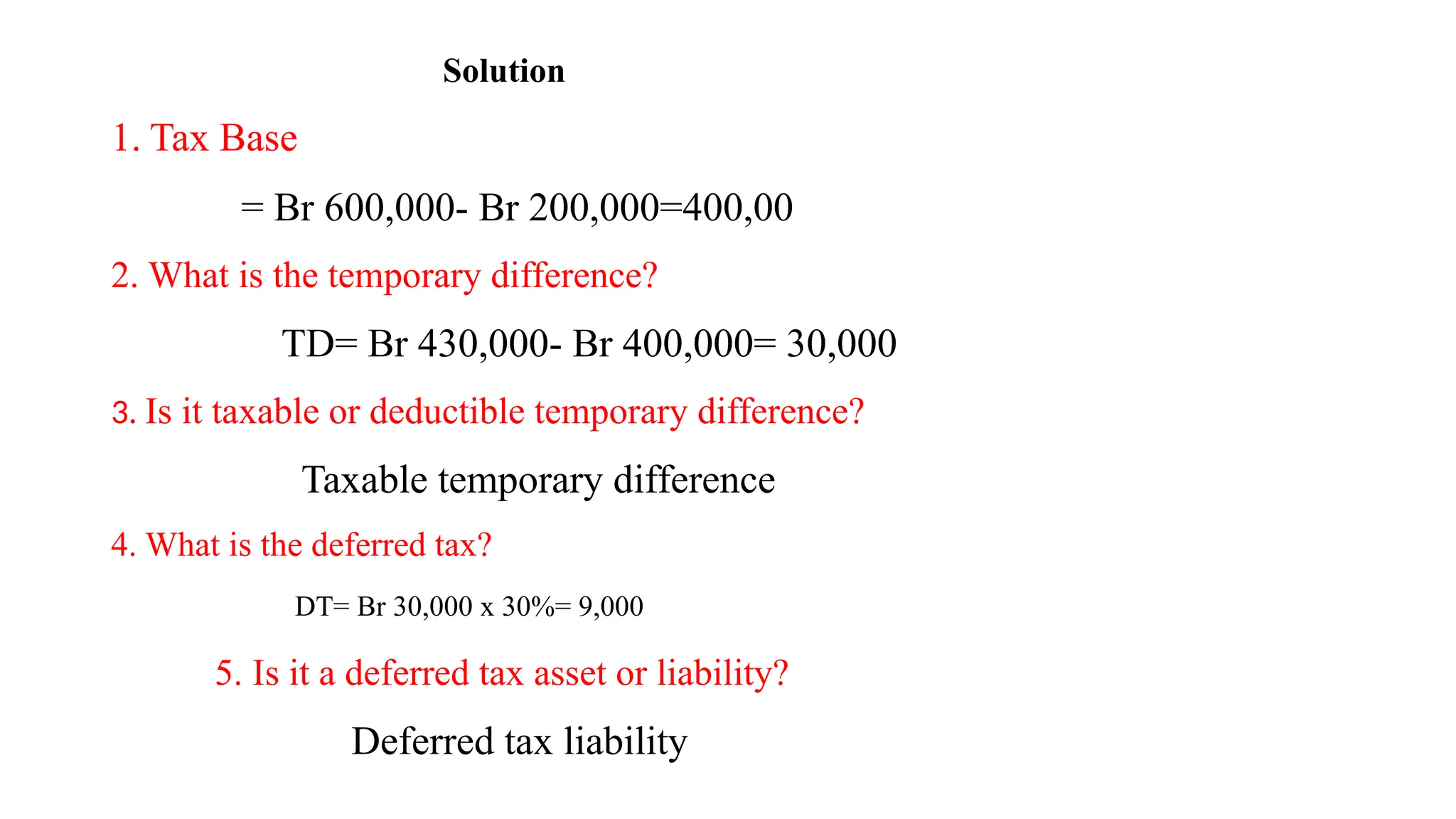 Solution
1. Tax Base
= Br 600,000- Br 200,000=400,00
2. What is the temporary difference?
TD= Br 430,000- Br 400,000= 30,000
3. Is it taxable or deductible temporary difference?
Taxable temporary difference
4. What is the deferred tax?
DT= Br 30,000 x 30%= 9,000
5. Is it a deferred tax asset or liability?
Deferred tax liability
 