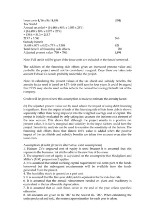 Issue costs 4/96 x Rs 14,488 (604)
Tax Shield
Annual tax relief = (14,488 x 80% x 0.055 x 25%)
+ (14,488 x 20% x 0.075 x 25%)
= 159.4 + 54.3 = 213.7
213.7 x 3.588 766
Subsidy benefit
14,488 x 80% x 0.02 x 75% x 3.588 624
Total benefit of financing side effects 786
Adjusted present value (708 + 786) 1,494
Note: Full credit will be given if the issue costs are included in the funds borrowed.
The addition of the financing side effects gives an increased present value and
probably the project would not be considered marginal. Once these are taken into
account Fubuki Co would probably undertake the project.
Note: In calculating the present values of the tax shield and subsidy benefits, the
annuity factor used is based on 4.5% debt yield rate for four years. It could be argued
that 7•5% may also be used as this reflects the normal borrowing/default risk of the
company.
Credit will be given where this assumption is made to estimate the annuity factor.
(b) The adjusted present value can be used where the impact of using debt financing
is significant. Here the impact of each of the financing side effects from debt is shown
separately rather than being imputed into the weighted average cost of capital. The
project is initially evaluated by only taking into account the business risk element of
the new venture. This shows that although the project results in a positive net
present value, it is fairly marginal and volatility in the input factors could turn the
project. Sensitivity analysis can be used to examine the sensitivity of the factors. The
financing side effects show that almost 110% value is added when the positive
impact of the tax shields and subsidy benefits are taken into account even after the
issue costs.
Assumptions (Credit given for alternative, valid assumptions)
1. Haizum Co’s ungeared cost of equity is used because it is assumed that this
represents the business risk attributable to the new line of business.
2. The ungeared cost of equity is calculated on the assumption that Modigliani and
Miller’s (MM) proposition 2 applies.
3. It is assumed that initial working capital requirement will form part of the funds
borrowed but the subsequent requirements will be available from the funds
generated from the project.
4. The feasibility study is ignored as a past cost.
5. It is assumed that the five-year debt yield is equivalent to the risk-free rate.
6. It is assumed that the annual reinvestment needed on plant and machinery is
equivalent to the tax allowable depreciation.
7. It is assumed that all cash flows occur at the end of the year unless specified
otherwise.
8. All amounts are given in Rs ’000’ to the nearest Rs. ’000’. When calculating the
units produced and sold, the nearest approximation for each year is taken.
 