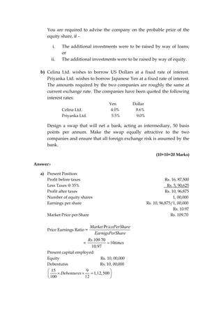 You are required to advise the company on the probable price of the
equity share, if -
i. The additional investments were to be raised by way of loans;
or
ii. The additional investments were to be raised by way of equity.
b) Celina Ltd. wishes to borrow US Dollars at a fixed rate of interest.
Priyanka Ltd. wishes to borrow Japanese Yen at a fixed rate of interest.
The amounts required by the two companies are roughly the same at
current exchange rate. The companies have been quoted the following
interest rates:
Yen Dollar
Celina Ltd. 4.0% 8.6%
Priyanka Ltd. 5.5% 9.0%
Design a swap that will net a bank, acting as intermediary, 50 basis
points per annum. Make the swap equally attractive to the two
companies and ensure that all foreign exchange risk is assumed by the
bank.
(10+10=20 Marks)
Answer:-
a) Present Position:
Profit before taxes Rs. 16, 87,500
Less Taxes @ 35% Rs. 5, 90,625
Profit after taxes Rs. 10, 96,875
Number of equity shares 1, 00,000
Earnings per share Rs. 10, 96,875/1, 00,000
Rs. 10.97
Market Price per Share Rs. 109.70
Price Earnings Ratio =
Pr
Market icePerShare
EarnigsPerShare
=
.109.70
10
10.97
Rs
times

Present capital employed:
Equity Rs. 10, 00,000
Debentures Rs. 10, 00,000
15 9
1,12,500
100 12
Debentures
 
  
 
 
 