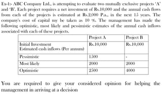Ex-1:- ABC Company Ltd., is attempting to evaluate two mutually exclusive projects ‘A’
and ‘B’. Each project requires a net investment of Rs.10,000 and the annual cash flows
from each of the projects is estimated at Rs.2,000 P.a., in the next 15 years. The
company's cost of capital my be taken as 10 %. The management has made the
following optimistic, most likely and pessimistic estimates of the annual cash inflows
associated with each of these projects.
Project A Project B
Initial Investment
Estimated cash inflows (Per annum)
Rs.10,000 Rs.10,000
Pessimistic 1500 -
Most likely 2000 2000
Optimistic 2500 4000
You are required to give your considered opinion for helping the
management in arriving at a decision
 