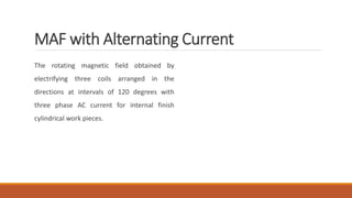 MAF with Alternating Current
The rotating magnetic field obtained by
electrifying three coils arranged in the
directions at intervals of 120 degrees with
three phase AC current for internal finish
cylindrical work pieces.
 