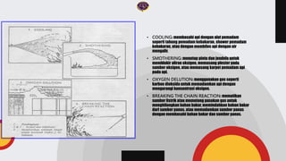• COOLING: membasahi api dengan alat pemadam
seperti tabung pemadam kebakaran, shower pemadam
kebakaran, atau dengan membilas api dengan air
mengalir.
• SMOTHERING: menutup pintu dan jendela untuk
memblokir aliran oksigen, memasang plester pada
sumber oksigen, atau memasang karpet pemadam api
pada api.
• OXYGEN DELUTION: menggunakan gas seperti
karbon dioksida untuk memadamkan api dengan
mengurangi konsentrasi oksigen.
• BREAKING THE CHAIN REACTION: mematikan
sumber listrik atau memotong pasokan gas untuk
menghilangkan bahan bakar, memindahkan bahan bakar
dari sumber panas, atau memadamkan sumber panas
dengan membasahi bahan bakar dan sumber panas.
 