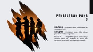 P E N J A L A R A N P A N A
S
KONDUKSI : Perpindahan panas melalui benda lain
sebagai penghantar
KONVEKSI : Perpindahan panas akibat adanya
penguapan, membakar bagian atas
RADIASI : Perpindahan panas karena adanya
pancaran panas dari kebakaran itu sendiri atau
penyebaran panas melalui gelombang elektromagnetik
 