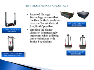 Patented Linkage Technology ensures that the Health Mark machines have the ‘Purest Vertical Amplitude’ possible. Limiting Tri-Planar vibration is increasingly important when utilizing these techniques with Senior Populations DIRECT VIBRATION AND OSCILLATION STACKS VERTICAL VIBRATION PLATFORMS VERTICAL UPRIGHT PLATFORMS 