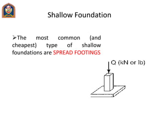 Shallow Foundation
The most common (and
cheapest) type of shallow
foundations are SPREAD FOOTINGS
 
