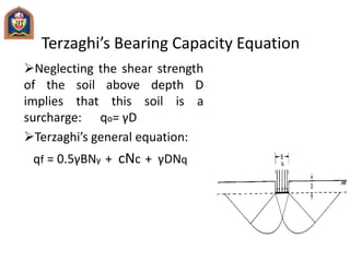 Terzaghi’s Bearing Capacity Equation
Neglecting the shear strength
of the soil above depth D
implies that this soil is a
surcharge: qo= γD
Terzaghi’s general equation:
qf = 0.5γBNγ + cNc + γDNq
 