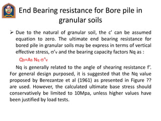 End Bearing resistance for Bore pile in
granular soils
 Due to the natural of granular soil, the c’ can be assumed
equation to zero. The ultimate end bearing resistance for
bored pile in granular soils may be express in terms of vertical
effective stress, ’v and the bearing capacity factors Nq as :
QB=AB Nq ’v
Nq is generally related to the angle of shearing resistance f’.
For general design purposed, it is suggested that the Nq value
proposed by Berezantze et al (1961) as presented in Figure ??
are used. However, the calculated ultimate base stress should
conservatively be limited to 10Mpa, unless higher values have
been justified by load tests.
 