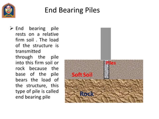 End Bearing Piles
 End bearing pile
rests on a relative
firm soil . The load
of the structure is
transmitted
through the ...