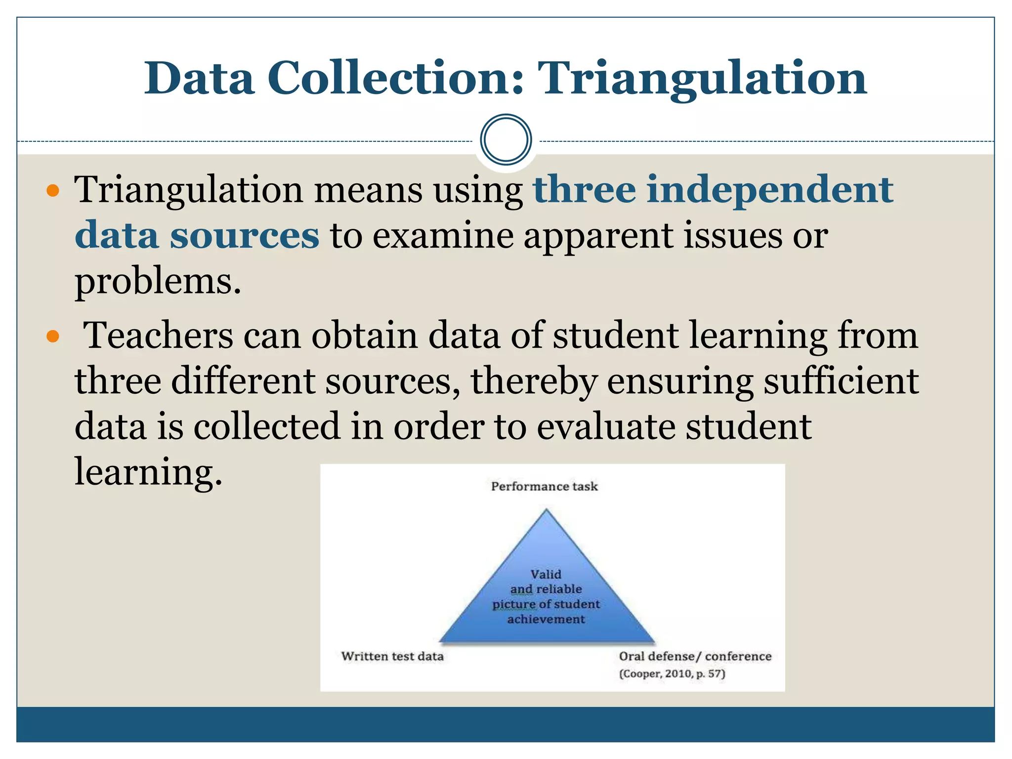 Data Collection: Triangulation
 Triangulation means using three independent
data sources to examine apparent issues or
problems.
 Teachers can obtain data of student learning from
three different sources, thereby ensuring sufficient
data is collected in order to evaluate student
learning.
 