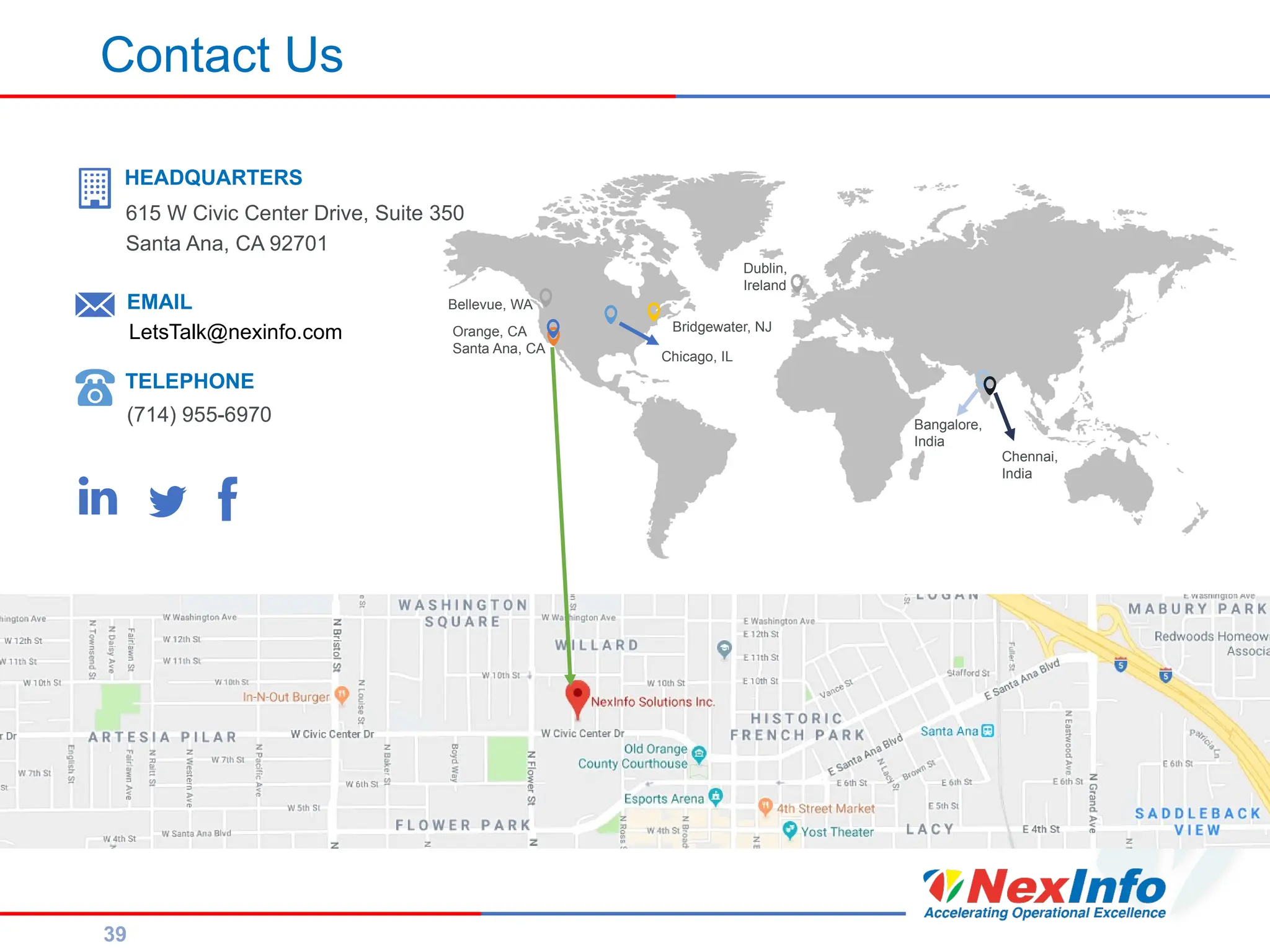 39
Contact Us
HEADQUARTERS
615 W Civic Center Drive, Suite 350
Santa Ana, CA 92701
EMAIL
LetsTalk@nexinfo.com
TELEPHONE
(714) 955-6970
Bellevue, WA
Orange, CA
Santa Ana, CA
Bridgewater, NJ
Chicago, IL
Dublin,
Ireland
Chennai,
India
Bangalore,
India
 