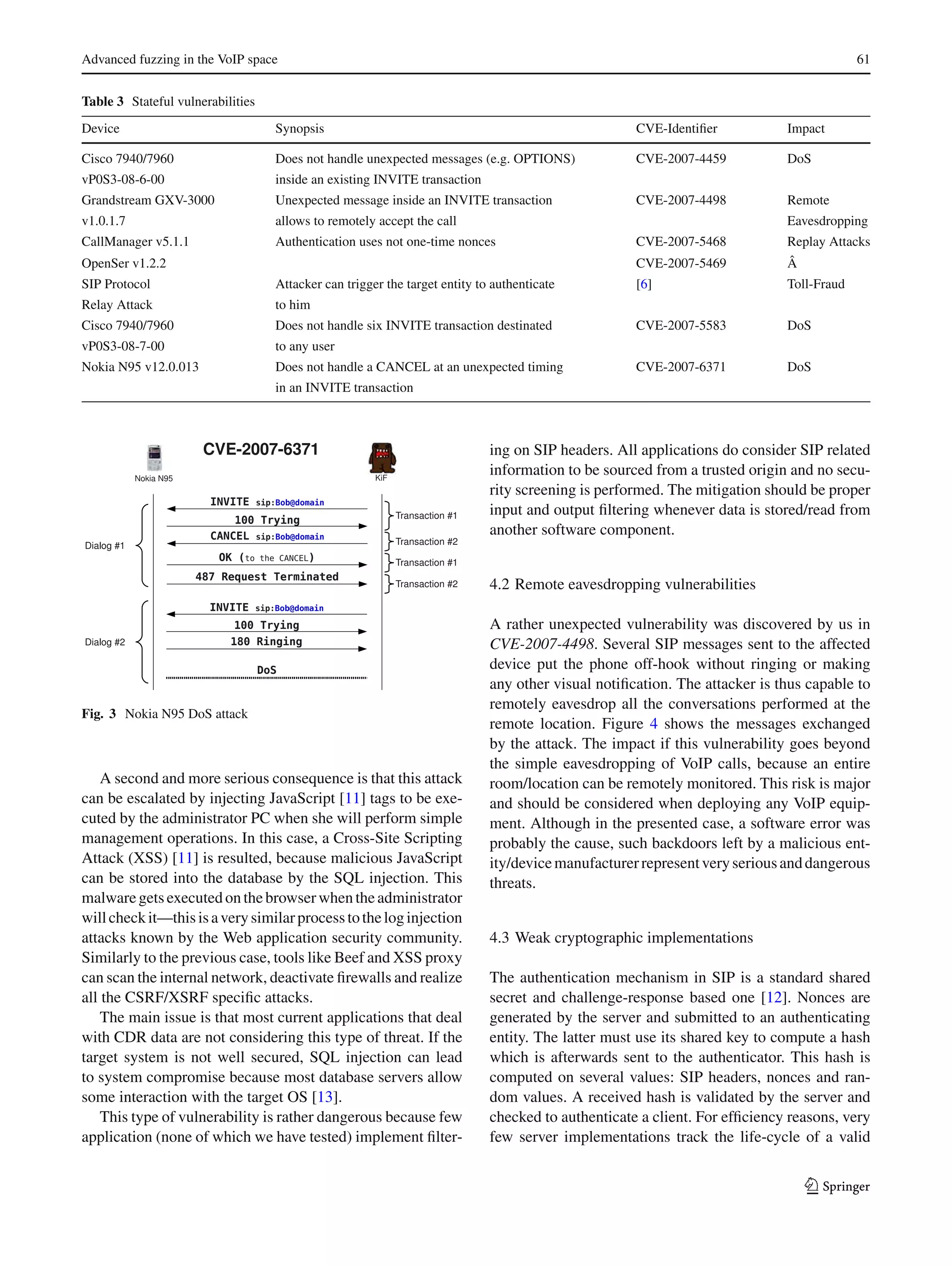 Advanced fuzzing in the VoIP space 61
Table 3 Stateful vulnerabilities
Device Synopsis CVE-Identiﬁer Impact
Cisco 7940/7960 Does not handle unexpected messages (e.g. OPTIONS) CVE-2007-4459 DoS
vP0S3-08-6-00 inside an existing INVITE transaction
Grandstream GXV-3000 Unexpected message inside an INVITE transaction CVE-2007-4498 Remote
v1.0.1.7 allows to remotely accept the call Eavesdropping
CallManager v5.1.1 Authentication uses not one-time nonces CVE-2007-5468 Replay Attacks
OpenSer v1.2.2 CVE-2007-5469 Â
SIP Protocol Attacker can trigger the target entity to authenticate [6] Toll-Fraud
Relay Attack to him
Cisco 7940/7960 Does not handle six INVITE transaction destinated CVE-2007-5583 DoS
vP0S3-08-7-00 to any user
Nokia N95 v12.0.013 Does not handle a CANCEL at an unexpected timing CVE-2007-6371 DoS
in an INVITE transaction
Fig. 3 Nokia N95 DoS attack
A second and more serious consequence is that this attack
can be escalated by injecting JavaScript [11] tags to be exe-
cuted by the administrator PC when she will perform simple
management operations. In this case, a Cross-Site Scripting
Attack (XSS) [11] is resulted, because malicious JavaScript
can be stored into the database by the SQL injection. This
malwaregetsexecutedonthebrowserwhentheadministrator
willcheckit—thisisaverysimilarprocesstotheloginjection
attacks known by the Web application security community.
Similarly to the previous case, tools like Beef and XSS proxy
can scan the internal network, deactivate ﬁrewalls and realize
all the CSRF/XSRF speciﬁc attacks.
The main issue is that most current applications that deal
with CDR data are not considering this type of threat. If the
target system is not well secured, SQL injection can lead
to system compromise because most database servers allow
some interaction with the target OS [13].
This type of vulnerability is rather dangerous because few
application (none of which we have tested) implement ﬁlter-
ing on SIP headers. All applications do consider SIP related
information to be sourced from a trusted origin and no secu-
rity screening is performed. The mitigation should be proper
input and output ﬁltering whenever data is stored/read from
another software component.
4.2 Remote eavesdropping vulnerabilities
A rather unexpected vulnerability was discovered by us in
CVE-2007-4498. Several SIP messages sent to the affected
device put the phone off-hook without ringing or making
any other visual notiﬁcation. The attacker is thus capable to
remotely eavesdrop all the conversations performed at the
remote location. Figure 4 shows the messages exchanged
by the attack. The impact if this vulnerability goes beyond
the simple eavesdropping of VoIP calls, because an entire
room/location can be remotely monitored. This risk is major
and should be considered when deploying any VoIP equip-
ment. Although in the presented case, a software error was
probably the cause, such backdoors left by a malicious ent-
ity/devicemanufacturerrepresentveryseriousanddangerous
threats.
4.3 Weak cryptographic implementations
The authentication mechanism in SIP is a standard shared
secret and challenge-response based one [12]. Nonces are
generated by the server and submitted to an authenticating
entity. The latter must use its shared key to compute a hash
which is afterwards sent to the authenticator. This hash is
computed on several values: SIP headers, nonces and ran-
dom values. A received hash is validated by the server and
checked to authenticate a client. For efﬁciency reasons, very
few server implementations track the life-cycle of a valid
123
 