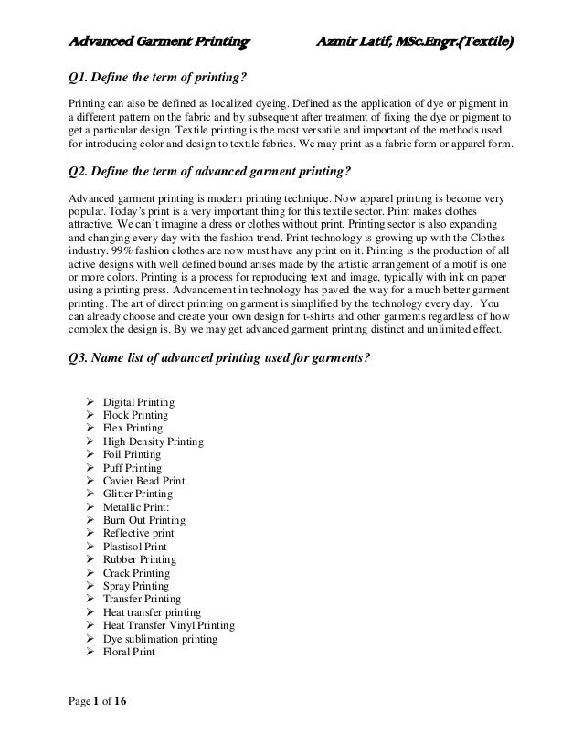 Advanced garments printing exam preparation