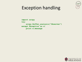 Exception handling

import arcpy
try:
     arcpy.Buffer_analysis("Observer")
except Exception as e:
     print e.message
 