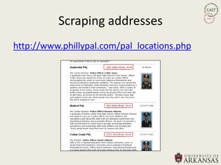 Scraping addresses
http://www.phillypal.com/pal_locations.php
 