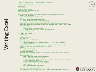 # Write an XLS file with a single worksheet, containing
                # a heading row and some rows of data.

                import   xlwt
                import   datetime
                import   bs_scrape as bs
                import   nbi_data_processing as nbi
                ezxf =   xlwt.easyxf

                def write_xls(file_name, sheet_name, headings, data, heading_xf, data_xfs):
                    book = xlwt.Workbook()
                    sheet = book.add_sheet(sheet_name)
                    rowx = 0
                    for colx, value in enumerate(headings):
Writing Excel

                        sheet.write(rowx, colx, value, heading_xf)
                    sheet.set_panes_frozen(True) # frozen headings instead of split panes
                    sheet.set_horz_split_pos(rowx+1) # in general, freeze after last heading row
                    sheet.set_remove_splits(True) # if user does unfreeze, don"t leave a split there
                    for row in data:
                        rowx += 1
                        for colx, value in enumerate(row):
                            sheet.write(rowx, colx, value, data_xfs[colx])
                    book.save(file_name)

                if __name__ == "__main__":
                    import sys

                   files = ["RI","HI"]
                   all_data = []
                   stateDict = bs.FetchFipsCodes( )
                   for f in files:
                       k = nbi.ParseNbiFile('C:/student/inputs/' + f + '11.txt', stateDict )
                       all_data.extend(k)
                   hdngs = ["Structure","State","Facility carried","Lat","Lon","Year built"]
                   kinds = "text text text double double yr".split()
                   data = []
                   for each_row in all_data:
                       data.extend([each_row])
                   # Format the headers
                   heading_xf = ezxf("font: bold on; align: wrap on, vert centre, horiz center")
                   # Set the data type formats
                   kind_to_xf_map = {
                       "date": ezxf(num_format_str="yyyy-mm-dd"),
                       "int": ezxf(num_format_str="#,##0"),
                       "money": ezxf("font: italic on; pattern: pattern solid, fore-colour grey25",
                           num_format_str="$#,##0.00"),
                       "price": ezxf(num_format_str="#0.000000"),
                       "double":ezxf(num_format_str="00.00000"),
                       "text": ezxf(),
                       "yr": ezxf(num_format_str="0000")
                       }
                   data_xfs = [kind_to_xf_map[k] for k in kinds]
                   write_xls("NBI_Data_To_Excel.xls", "NBI", hdngs, data, heading_xf, data_xfs)
 