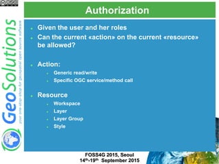 Authorization
FOSS4G 2015, Seoul
14th-19th September 2015
 Given the user and her roles
 Can the current «action» on the current «resource»
be allowed?
 Action:
 Generic read/write
 Specific OGC service/method call
 Resource
 Workspace
 Layer
 Layer Group
 Style
 