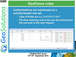 GeoFence rules
FOSS4G 2015, Seoul
14th-19th September 2015
 Authorizations are expressed as a
priority-based rule set
 Type of Rules are ALLOW/DENY/LIMIT
 The first matching rule is the one that determines
the outcome of the auth request
 