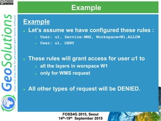 Example
FOSS4G 2015, Seoul
14th-19th September 2015
Example
 Let’s assume we have configured these rules :
 User: u1, Service:WMS, Workspace=W1,ALLOW
 User: u1, DENY
 These rules will grant access for user u1 to
 all the layers in worspace W1
 only for WMS request
 All other types of request will be DENIED.
 