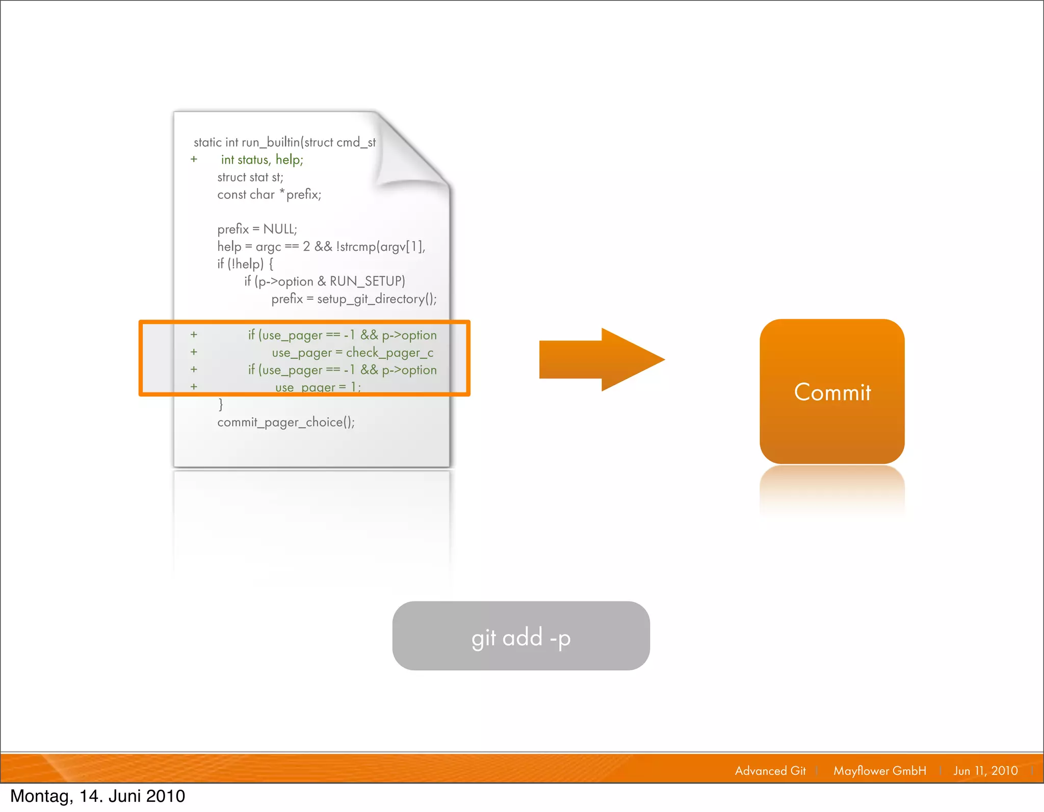 static int run_builtin(struct cmd_st
                        +     int status, help;
                             struct stat st;
                             const char *preﬁx;

                             preﬁx = NULL;
                             help = argc == 2 && !strcmp(argv[1],
                             if (!help) {
                                   if (p->option & RUN_SETUP)
                                         preﬁx = setup_git_directory();

                        +          if (use_pager == -1 && p->option
                        +                use_pager = check_pager_c
                        +          if (use_pager == -1 && p->option
                        +
                             }
                                          use_pager = 1;
                                                                                                Commit
                             commit_pager_choice();




                                                                          git add -p



                                                                                       Advanced Git I   Mayﬂower GmbH I Jun 1 2010 I
                                                                                                                             1,

Montag, 14. Juni 2010
 