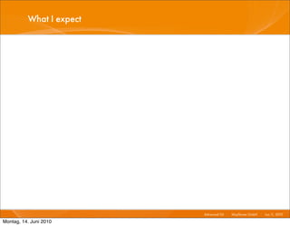 What I expect




                          Advanced Git I   Mayﬂower GmbH I Jun 1 2010 I
                                                                1,

Montag, 14. Juni 2010
 