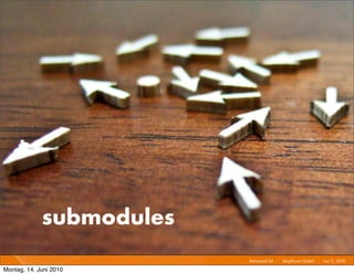 externe Module




             submodules
                          Advanced Git I   Mayﬂower GmbH I Jun 1 2010 I
                                                                1,

Montag, 14. Juni 2010
 