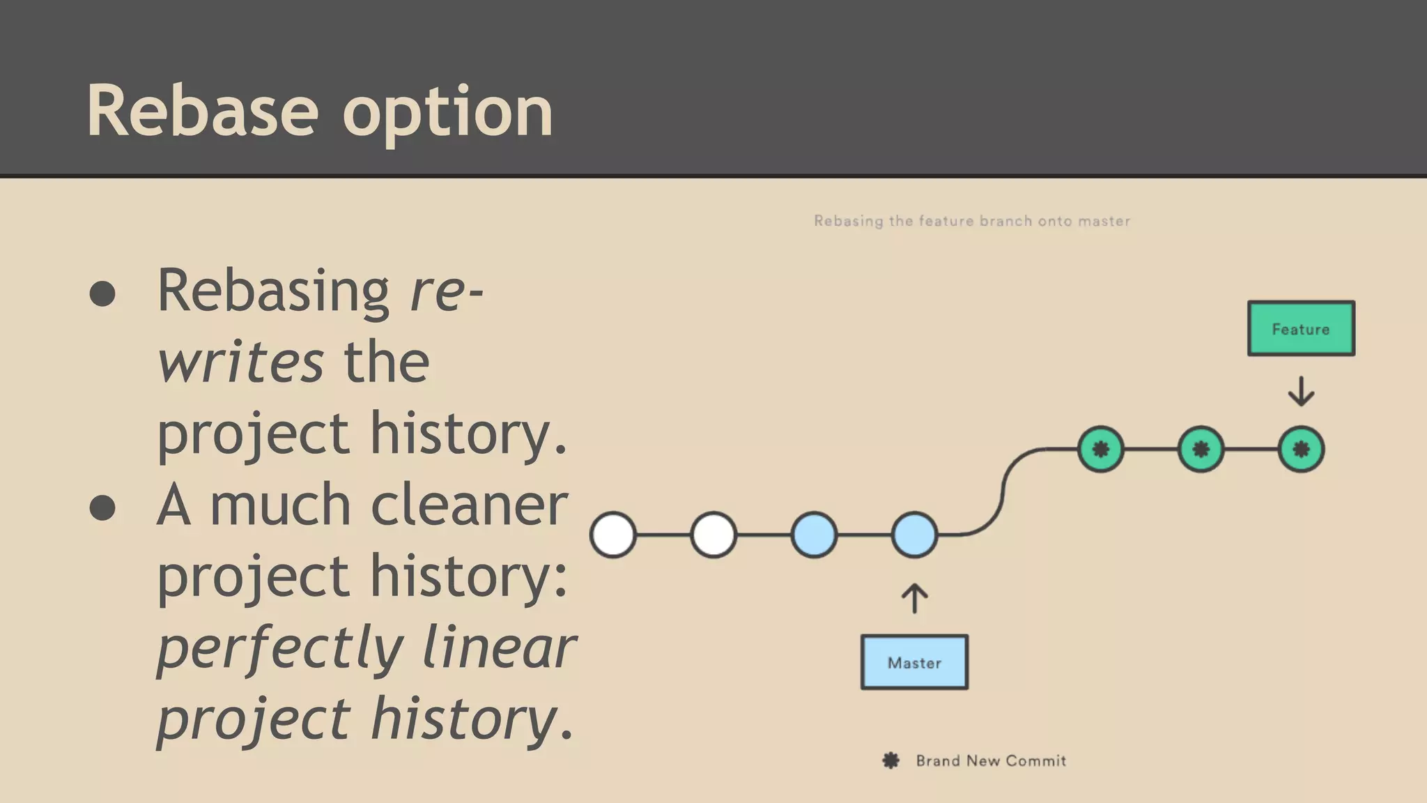 Rebase option
● Rebasing re-
writes the
project history.
● A much cleaner
project history:
perfectly linear
project history.
 