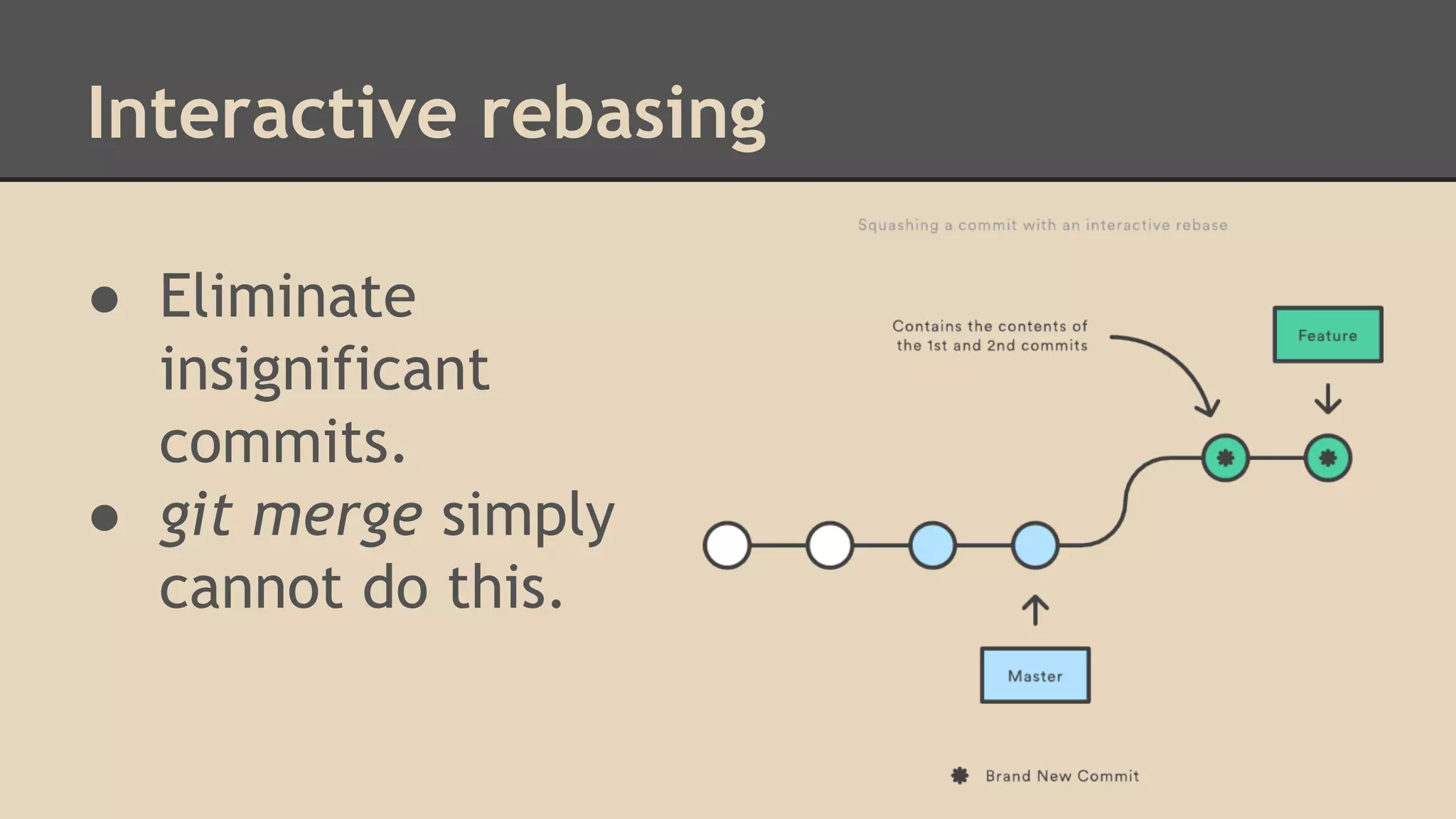 Interactive rebasing
● Eliminate
insignificant
commits.
● git merge simply
cannot do this.
 