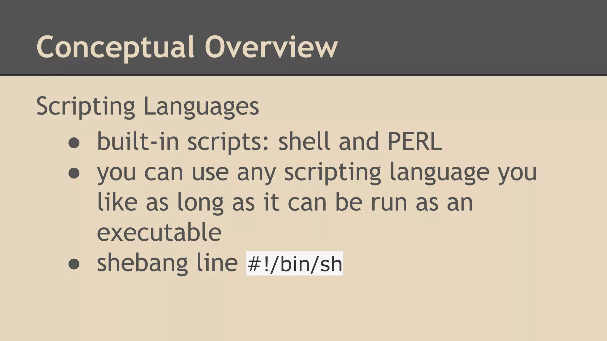 Conceptual Overview
Scripting Languages
● built-in scripts: shell and PERL
● you can use any scripting language you
like as long as it can be run as an
executable
● shebang line #!/bin/sh
 