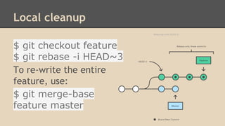 Local cleanup
$ git checkout feature
$ git rebase -i HEAD~3
To re-write the entire
feature, use:
$ git merge-base
feature master
 