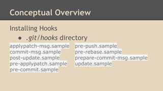 Conceptual Overview
Installing Hooks
● .git/hooks directory
applypatch-msg.sample pre-push.sample
commit-msg.sample pre-rebase.sample
post-update.sample prepare-commit-msg.sample
pre-applypatch.sample update.sample
pre-commit.sample
 