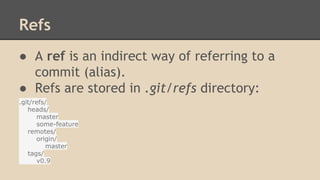 Refs
● A ref is an indirect way of referring to a
commit (alias).
● Refs are stored in .git/refs directory:
.git/refs/
heads/
master
some-feature
remotes/
origin/
master
tags/
v0.9
 