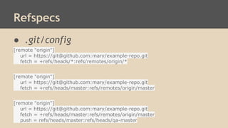 Refspecs
● .git/config
[remote "origin"]
url = https://git@github.com:mary/example-repo.git
fetch = +refs/heads/*:refs/remotes/origin/*
[remote "origin"]
url = https://git@github.com:mary/example-repo.git
fetch = +refs/heads/master:refs/remotes/origin/master
[remote "origin"]
url = https://git@github.com:mary/example-repo.git
fetch = +refs/heads/master:refs/remotes/origin/master
push = refs/heads/master:refs/heads/qa-master
 