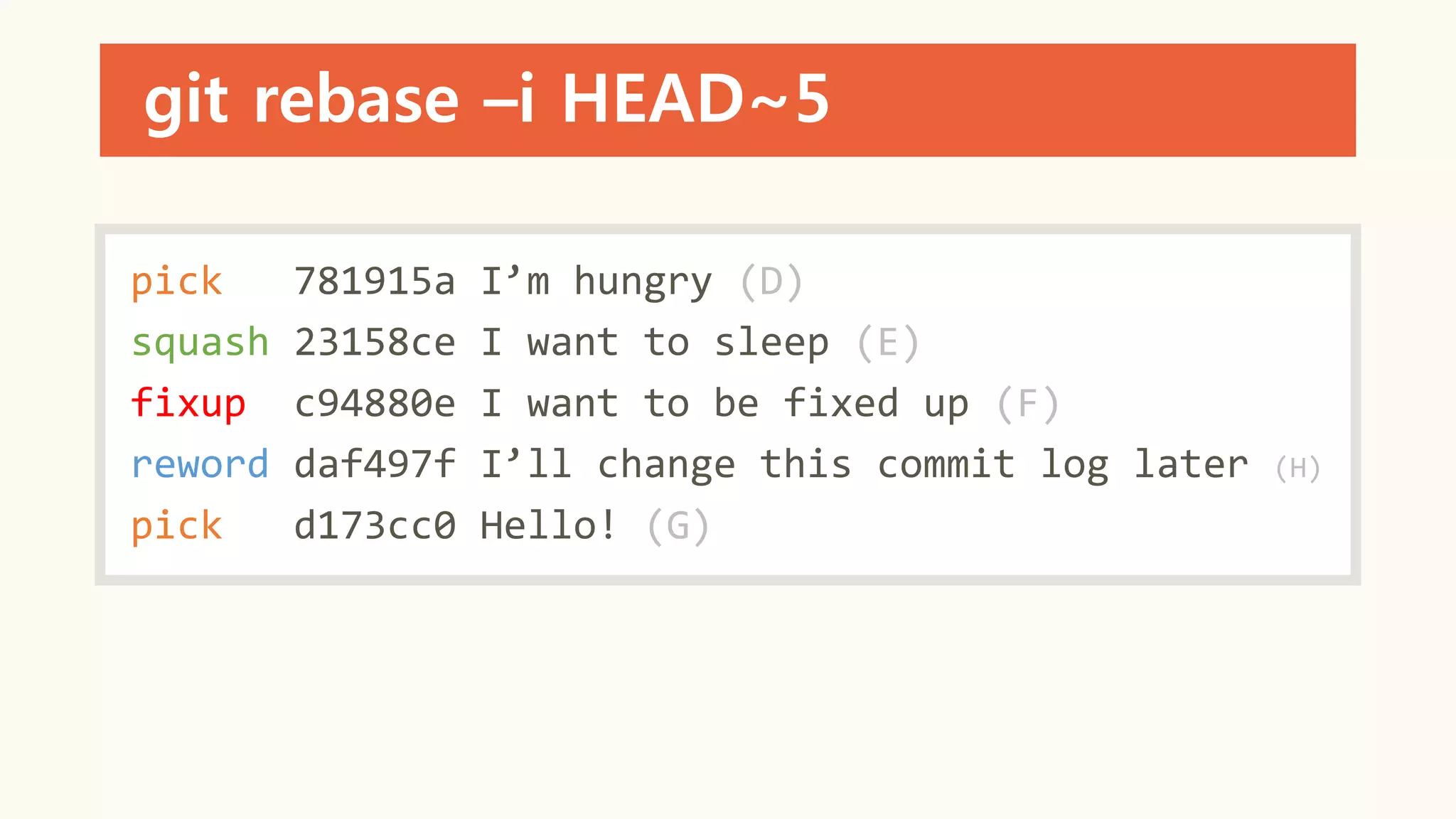 git rebase –i HEAD~5
pick 781915a I’m hungry (D)
squash 23158ce I want to sleep (E)
fixup c94880e I want to be fixed up (F)
reword daf497f I’ll change this commit log later (H)
pick d173cc0 Hello! (G)
 