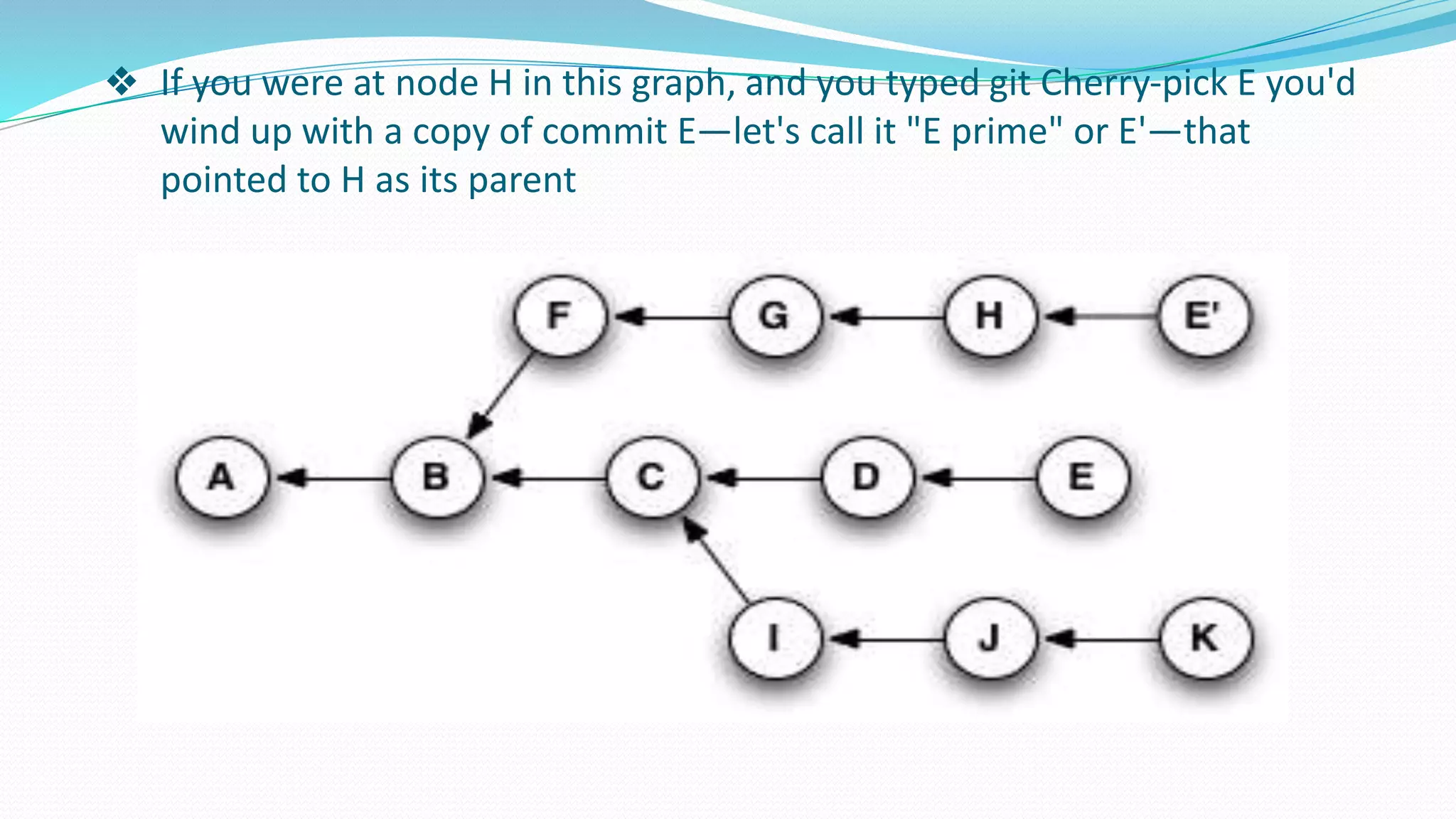 ❖ If you were at node H in this graph, and you typed git Cherry-pick E you'd
wind up with a copy of commit E—let's call it "E prime" or E'—that
pointed to H as its parent
 