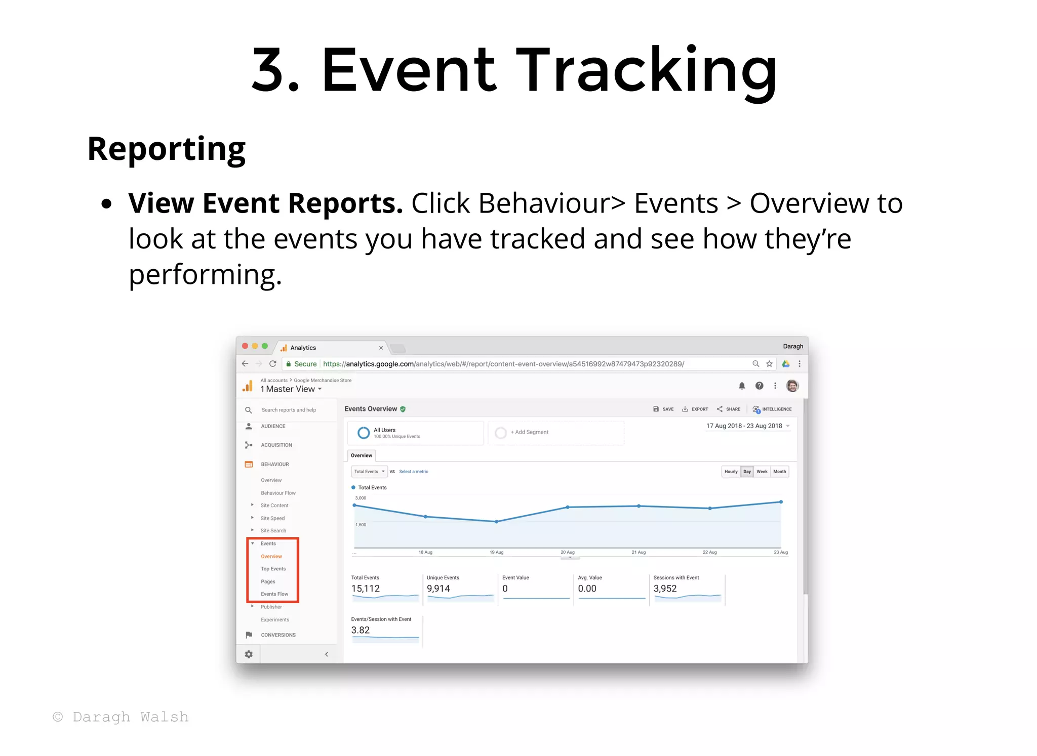 3. Event Tracking
3. Event Tracking
View Event Reports. Click Behaviour> Events > Overview to
look at the events you have tracked and see how they’re
performing.
Reporting
© Daragh Walsh
 