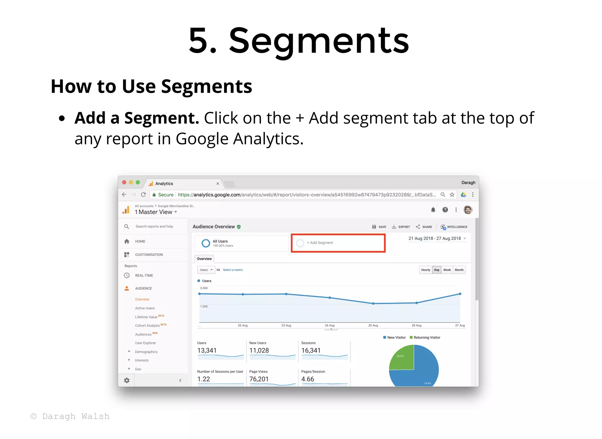 5. Segments
5. Segments
Add a Segment. Click on the + Add segment tab at the top of
any report in Google Analytics.
How to Use Segments
© Daragh Walsh
 