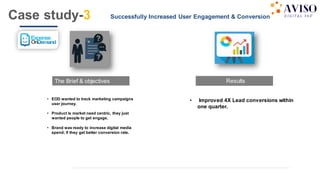 Case study-3
• EOD wanted to track marketing campaigns
user journey.
• Product is market need centric, they just
wanted people to get engage.
• Brand was ready to increase digital media
spend; if they get better conversion rate.
Successfully Increased User Engagement & Conversion
• Improved 4X Lead conversions within
one quarter.
The Brief & objectives Results
 